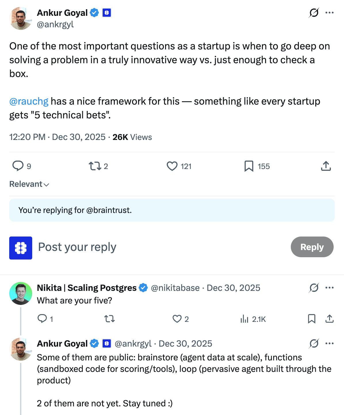 Tweet from Ankur Goyal about the "5 technical bets" framework